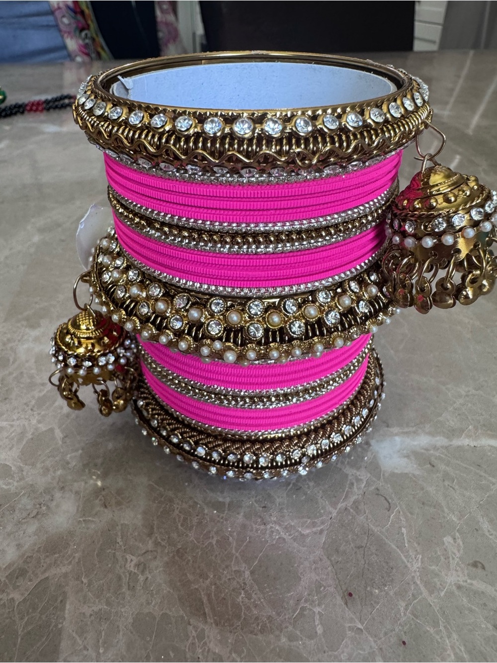 Pink & Gold Rhinestone Indian Bangle Stack Set - Picture 2 of 2